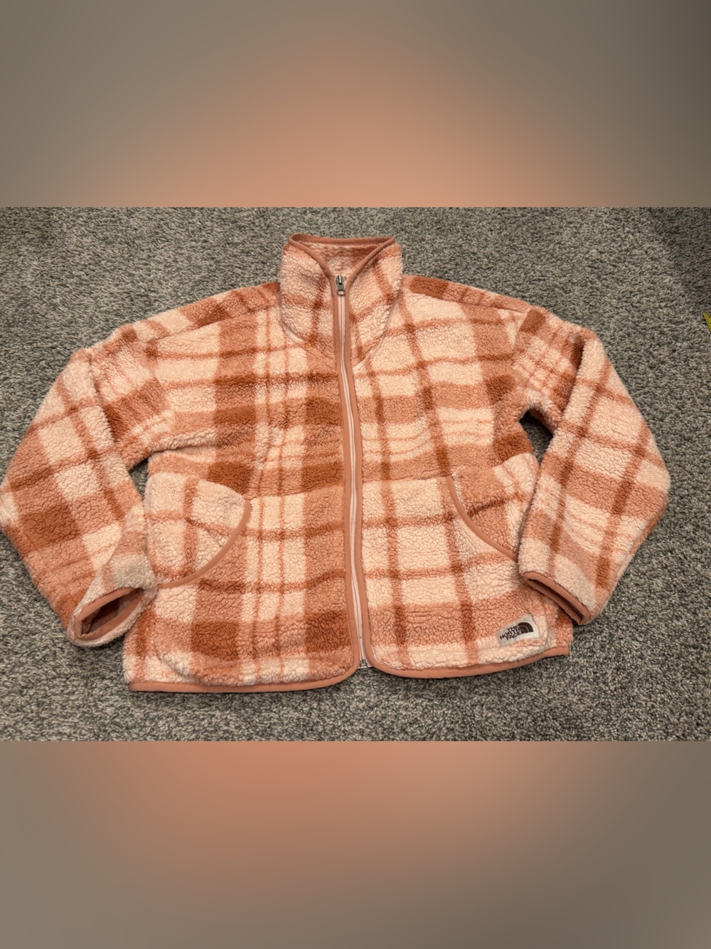 The North Face Girls XL 18 Sherpa Fleece Jacket Pink Peach Plaid Full Zip